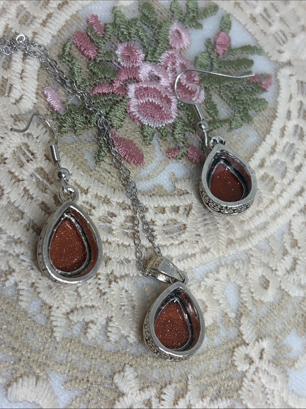 Natural Orange Sandstone Teardrop Necklace & Earrings Set | Silver Tone - Picture 6 of 6